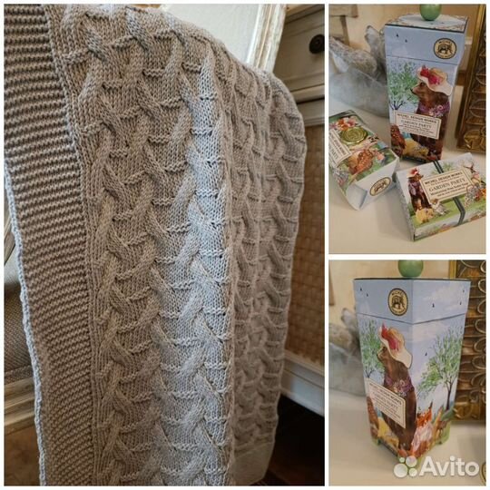 Вязаный детский плед 90-110см хлопок крем мыло