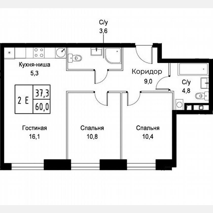 2-к. апартаменты, 60 м², 19/30 эт.