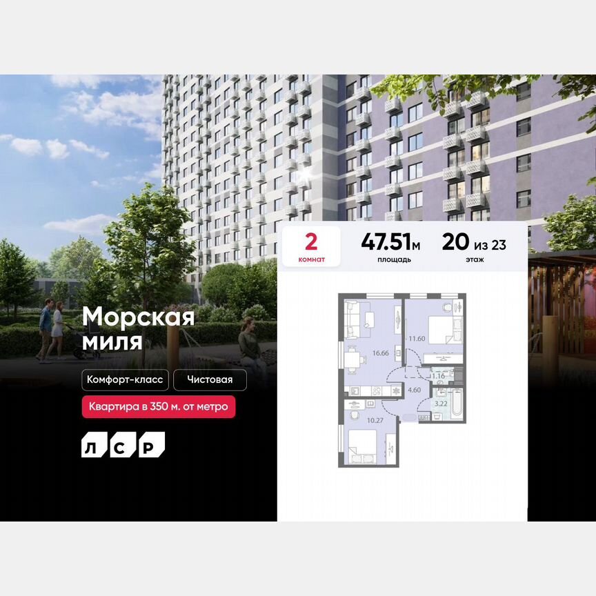 2-к. квартира, 47,5 м², 20/23 эт.