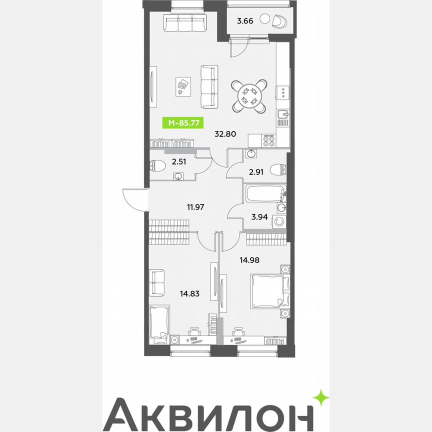 2-к. квартира, 85,8 м², 1/12 эт.
