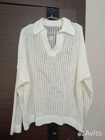 Джемпер поло вязаное в сетку с длинными рукавами