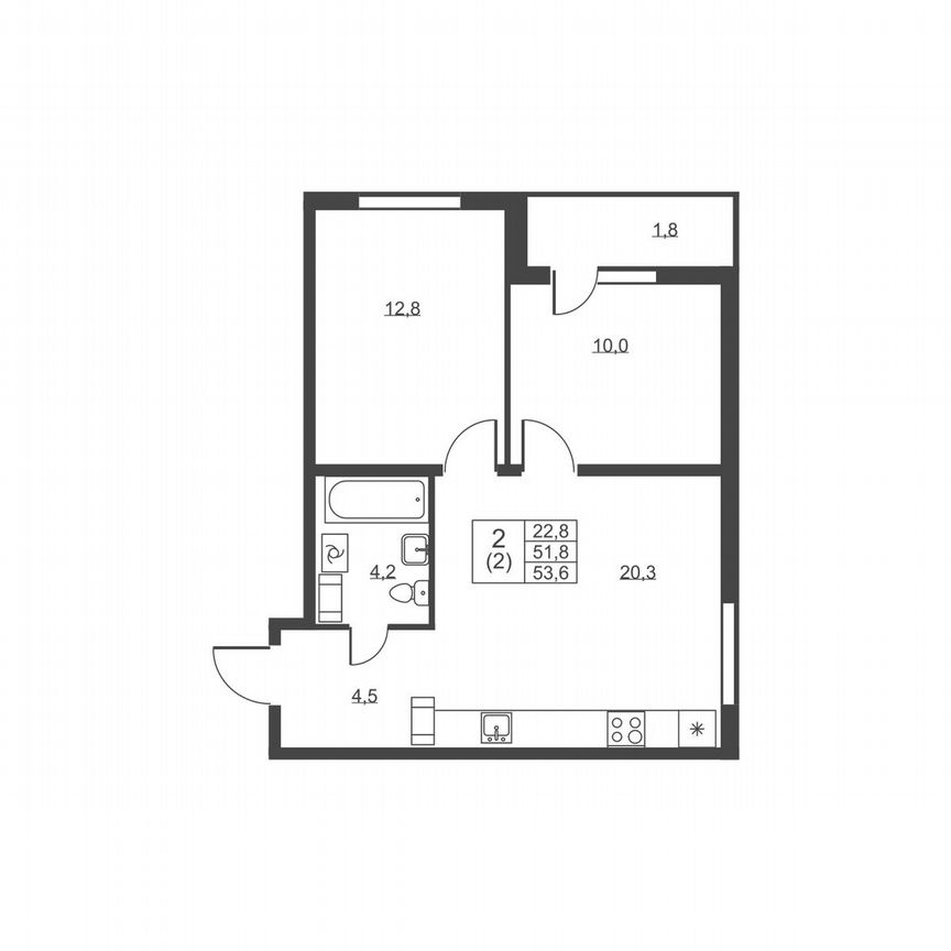 2-к. квартира, 53,6 м², 3/8 эт.