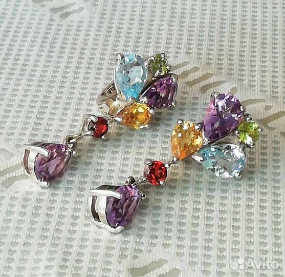 Серьги серебро аметист, цитрин, топаз, гранат С378