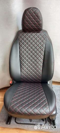 Чехлы Ниссан Альмера экокожа красный ромб до верха