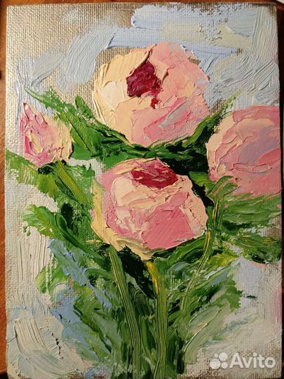 Картина маслом, цветы, пионы, розы, букет