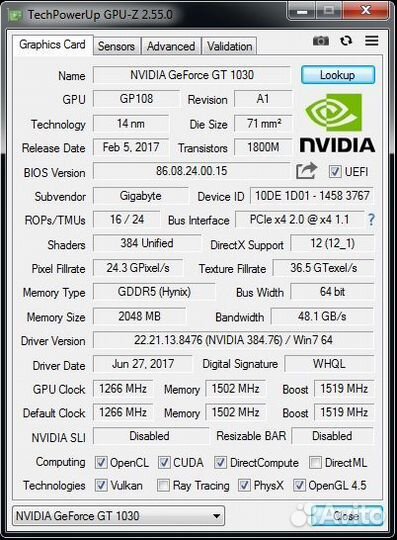 Видеокарта Gigabyte GeForce GT 1030 OC 2G (gddr 5)