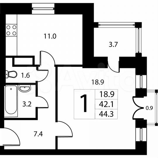 1-к. квартира, 44,3 м², 6/9 эт.
