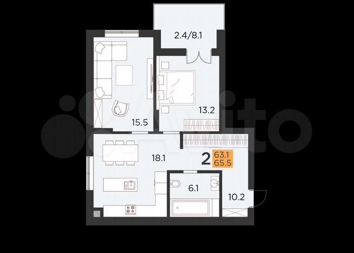 2-к. квартира, 65,5 м², 2/16 эт.
