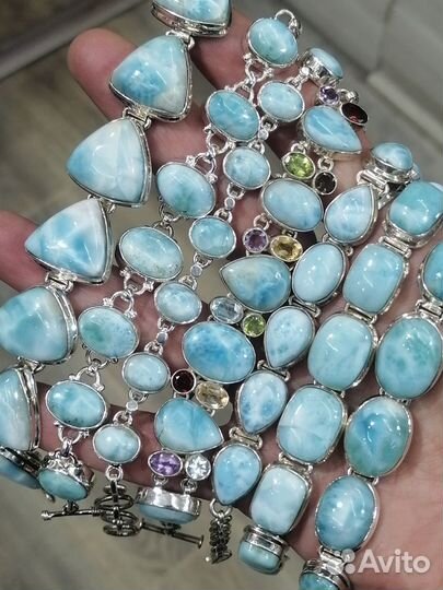 Ларимар браслет серьги кольцо кулон комплект 925п