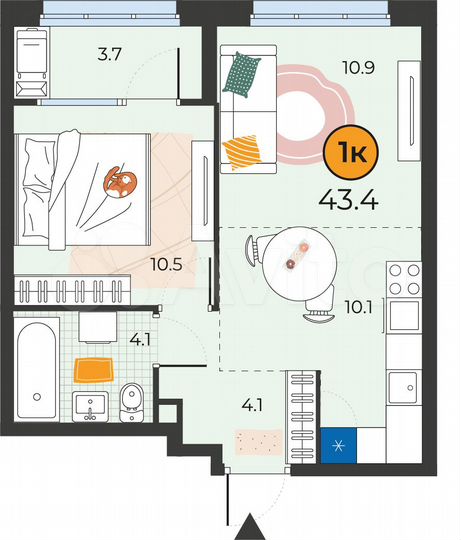 1-к. квартира, 43,5 м², 5/25 эт.