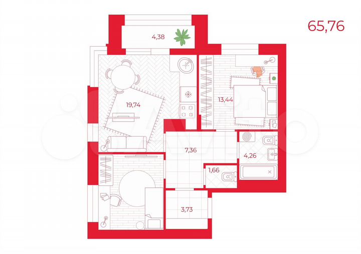 2-к. квартира, 65,8 м², 3/13 эт.