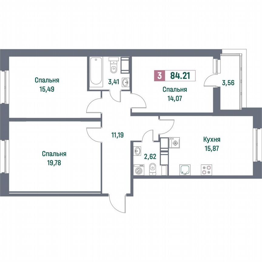 3-к. квартира, 84,2 м², 2/16 эт.