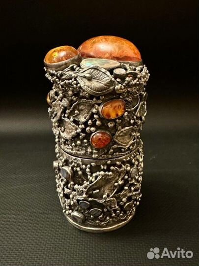 Шкатулка серебро, янтарь, перламутр
