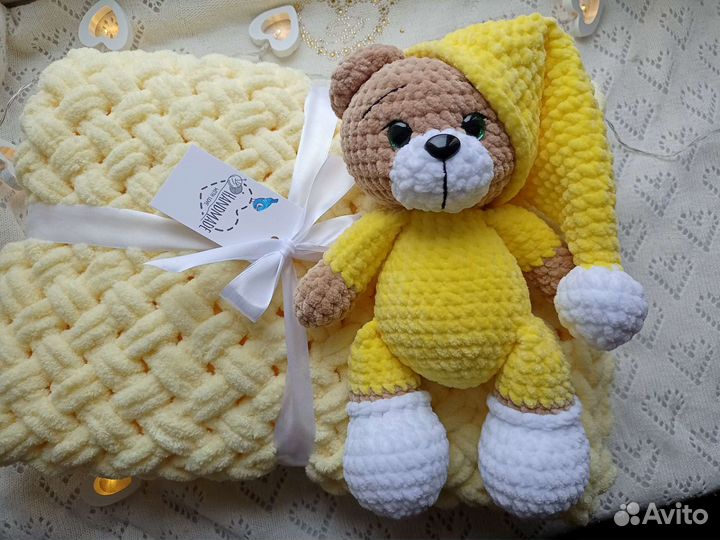 Вязанный детский плед игрушка подарок на выписку