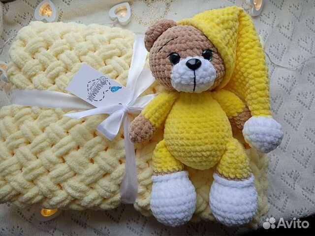 Вязанный детский плед игрушка подарок на выписку