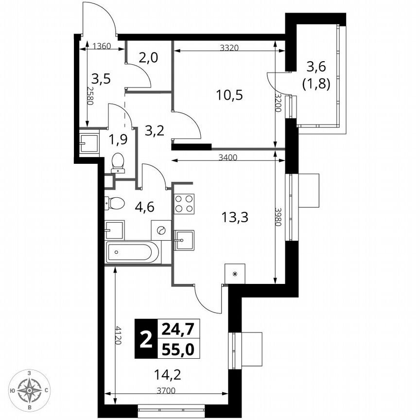 2-к. квартира, 55 м², 2/25 эт.