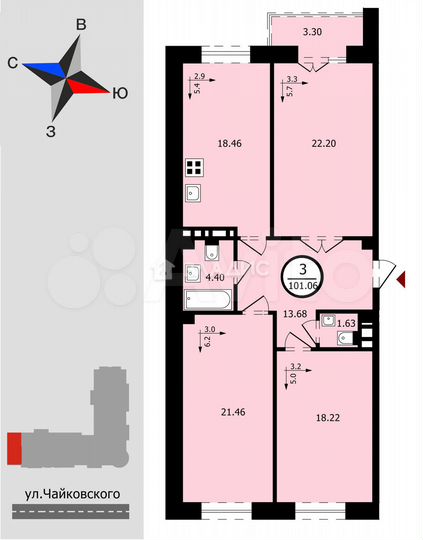 3-к. квартира, 101,1 м², 4/10 эт.