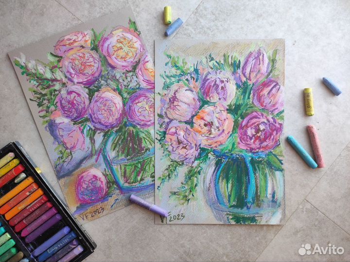 Этюды наброски рисунки масляной пастелью цветы А4