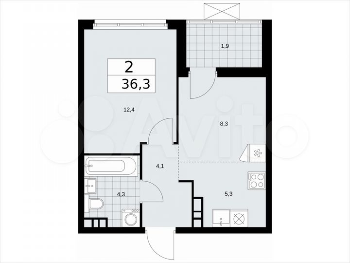 2-к. квартира, 36,3 м², 14/19 эт.