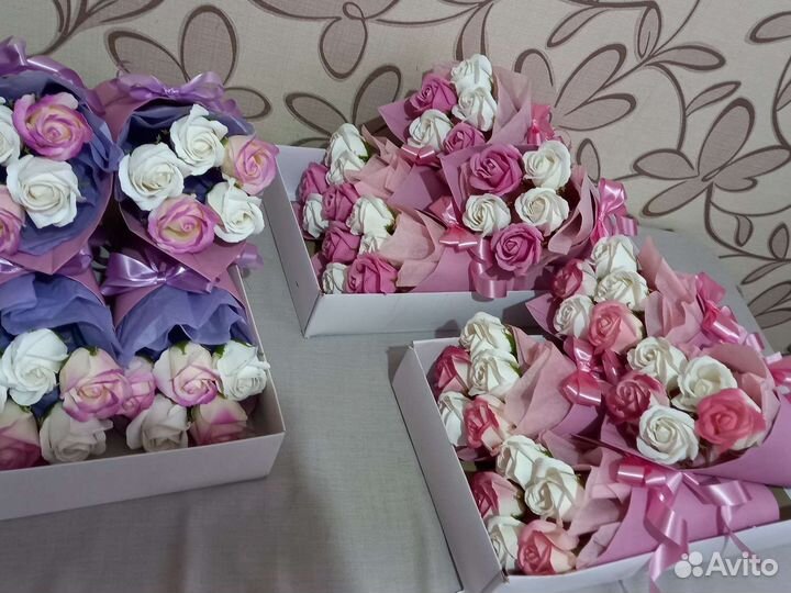 Букеты из 5 мыльных роз,цветы из мыла,мыльные розы