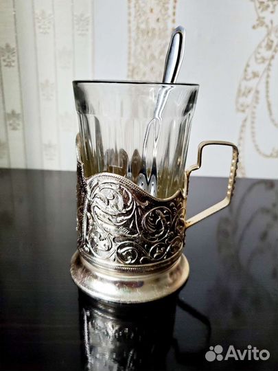 Подстаканник Н.М.З. со стаканом и ложкой (СССР)