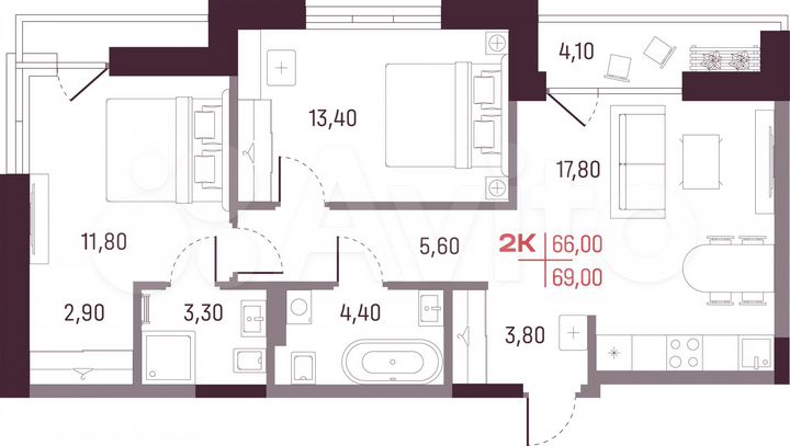 2-к. квартира, 66 м², 8/25 эт.