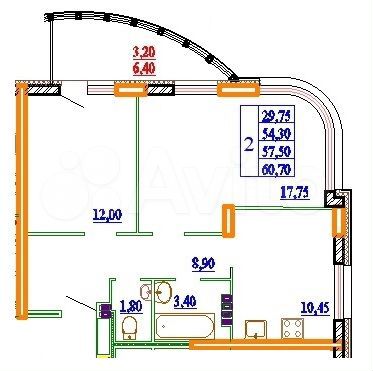 2-к. квартира, 60,7 м², 2/11 эт.