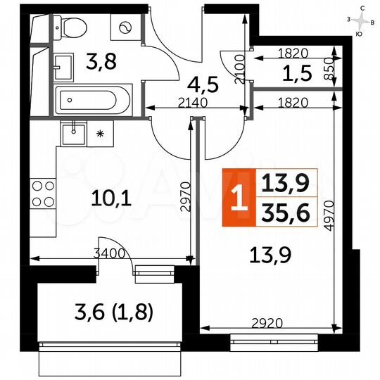 1-к. квартира, 35,6 м², 10/16 эт.