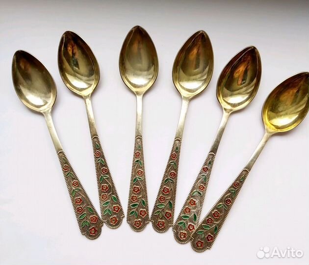 Серебряные винтажные антикварные чайные ложки эмал