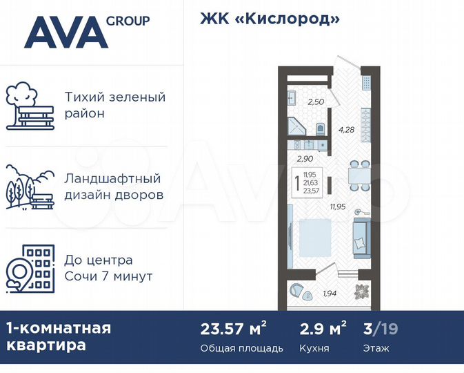 Квартира-студия, 23,6 м², 3/19 эт.