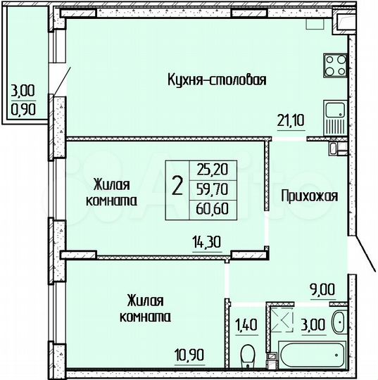 2-к. квартира, 60 м², 2/4 эт.