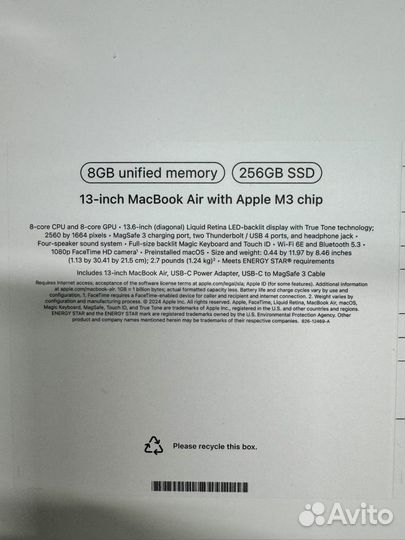 MacBook Air 13 (M3, 2024) 8Gb, 256Gb Midnight