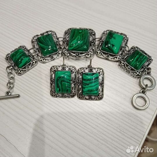 Набор серьги и браслет, камень малахит