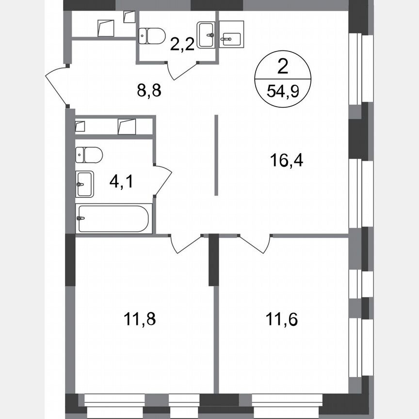 2-к. квартира, 54,9 м², 13/20 эт.