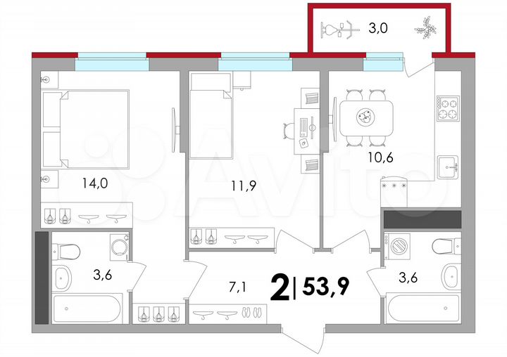 2-к. квартира, 53,9 м², 13/18 эт.