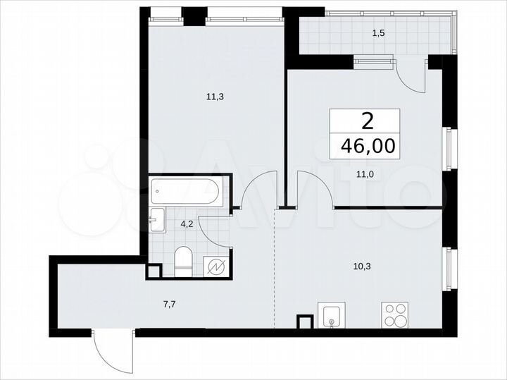 2-к. квартира, 46 м², 2/9 эт.