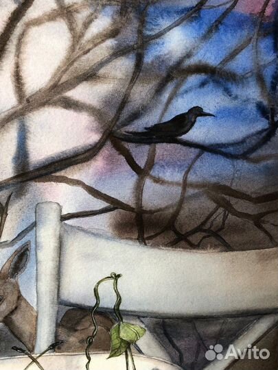 Акварельная картина Таинственнвй сад 30*40 вишни