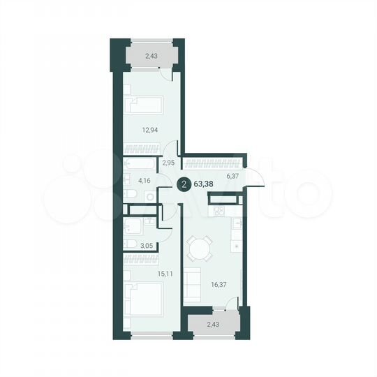 2-к. квартира, 63,4 м², 11/14 эт.