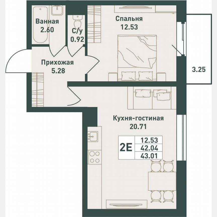 2-к. квартира, 43 м², 7/16 эт.