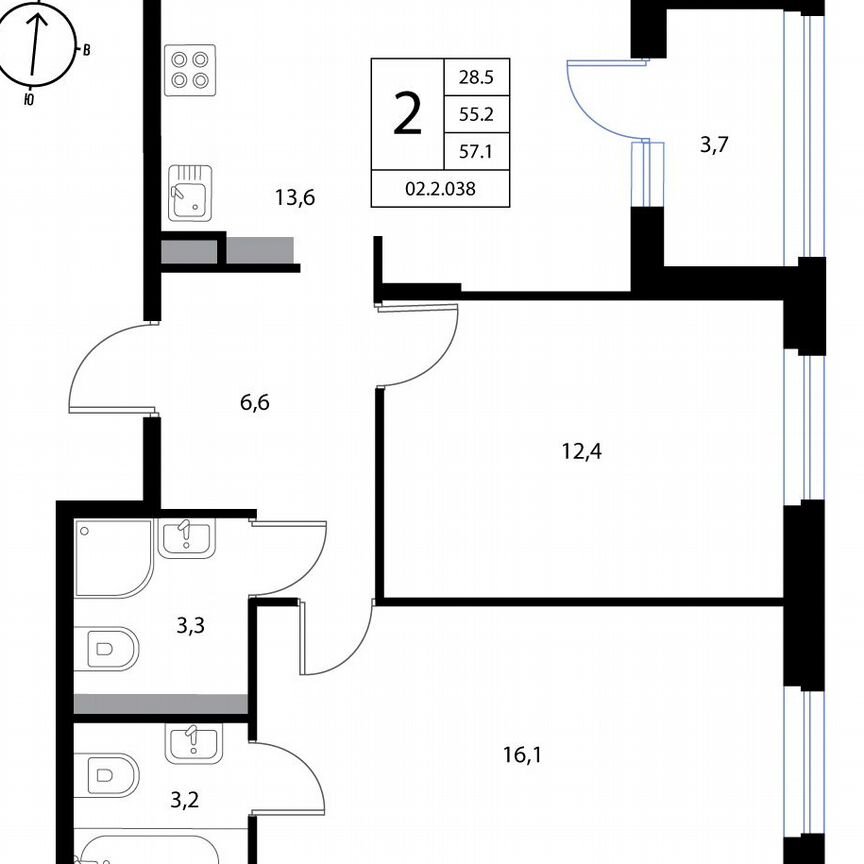 2-к. квартира, 57,1 м², 3/3 эт.