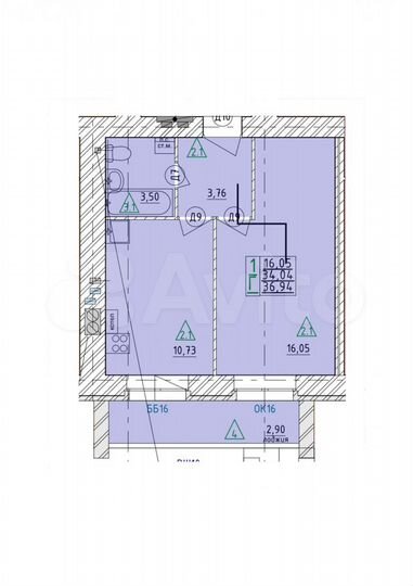 1-к. квартира, 36,9 м², 1/5 эт.