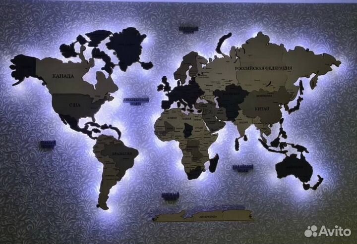 Карта мира из дерева пано на стену с подсветкой