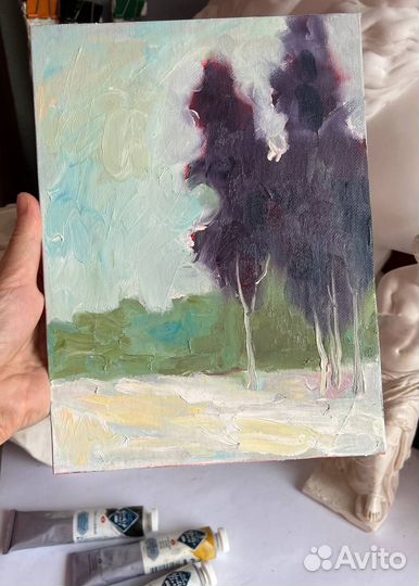 Картина маслом зимний пейзаж лес монохром