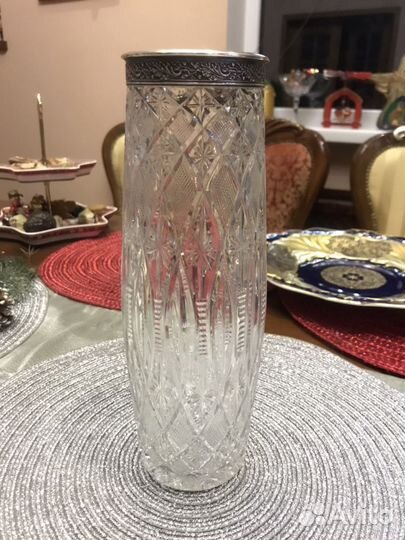 Хрустальная ваза, инкрустирована серебром 875 проб