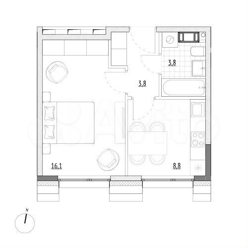 1-к. апартаменты, 32,5 м², 3/7 эт.