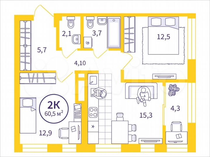 2-к. квартира, 58,4 м², 7/32 эт.