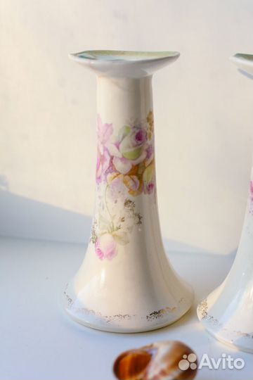 Антикварные фарфоровые парные подсвечники с розами