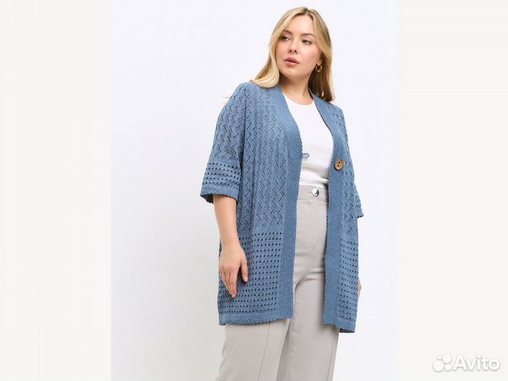 Кардиган ажурный летний хлопковый 58-60 цвет джинс