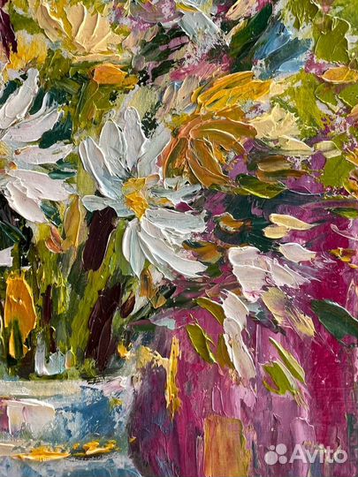 Картина маслом полевые цветы букет ромашки в вазе