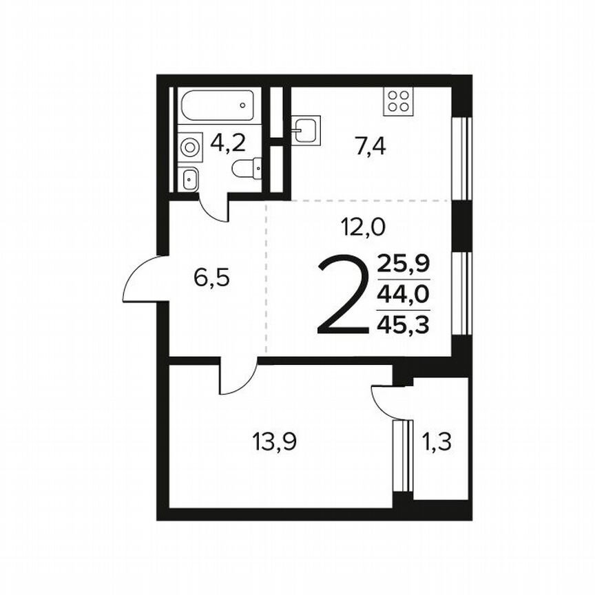 2-к. квартира, 45,3 м², 5/12 эт.